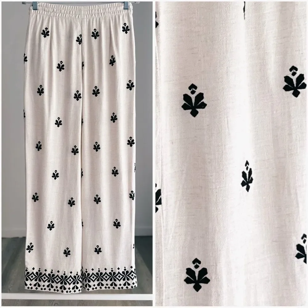 Zara Embroidered Wide Leg Pants New